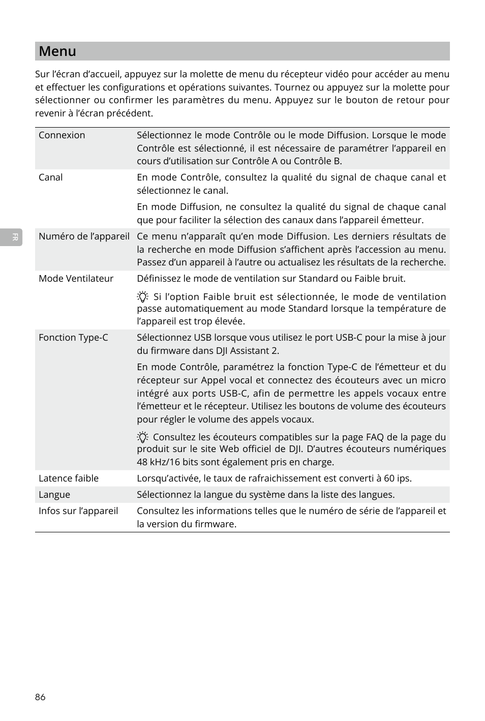 Menu | DJI Transmission Standard TX/RX Combo User Manual | Page 86 / 133