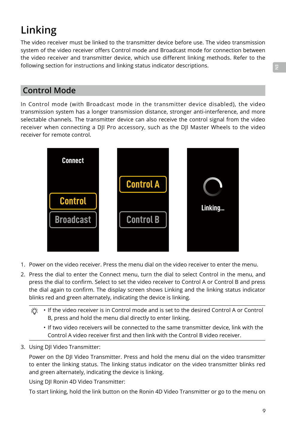 Linking, Linking 9, Control broadcast control a control b | DJI Transmission Standard TX/RX Combo User Manual | Page 9 / 133