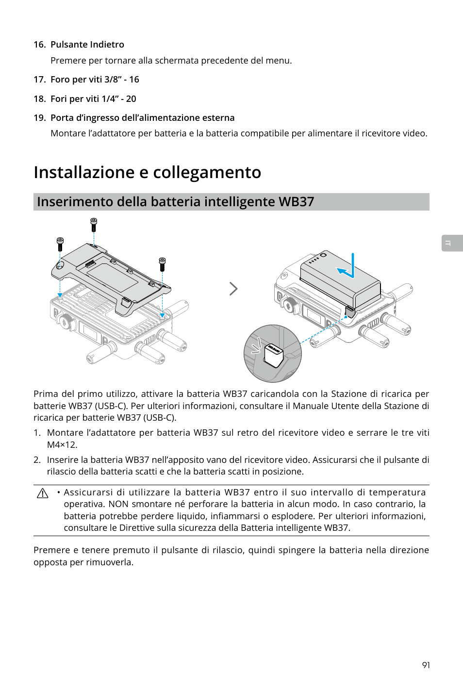 Installazione e collegamento, Inserimento della batteria intelligente wb37 | DJI Transmission Standard TX/RX Combo User Manual | Page 91 / 133