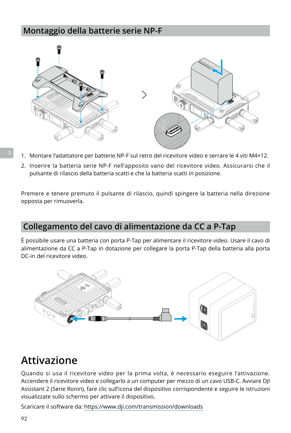 Attivazione, Attivazione 92, Montaggio della batterie serie np-f | DJI Transmission Standard TX/RX Combo User Manual | Page 92 / 133