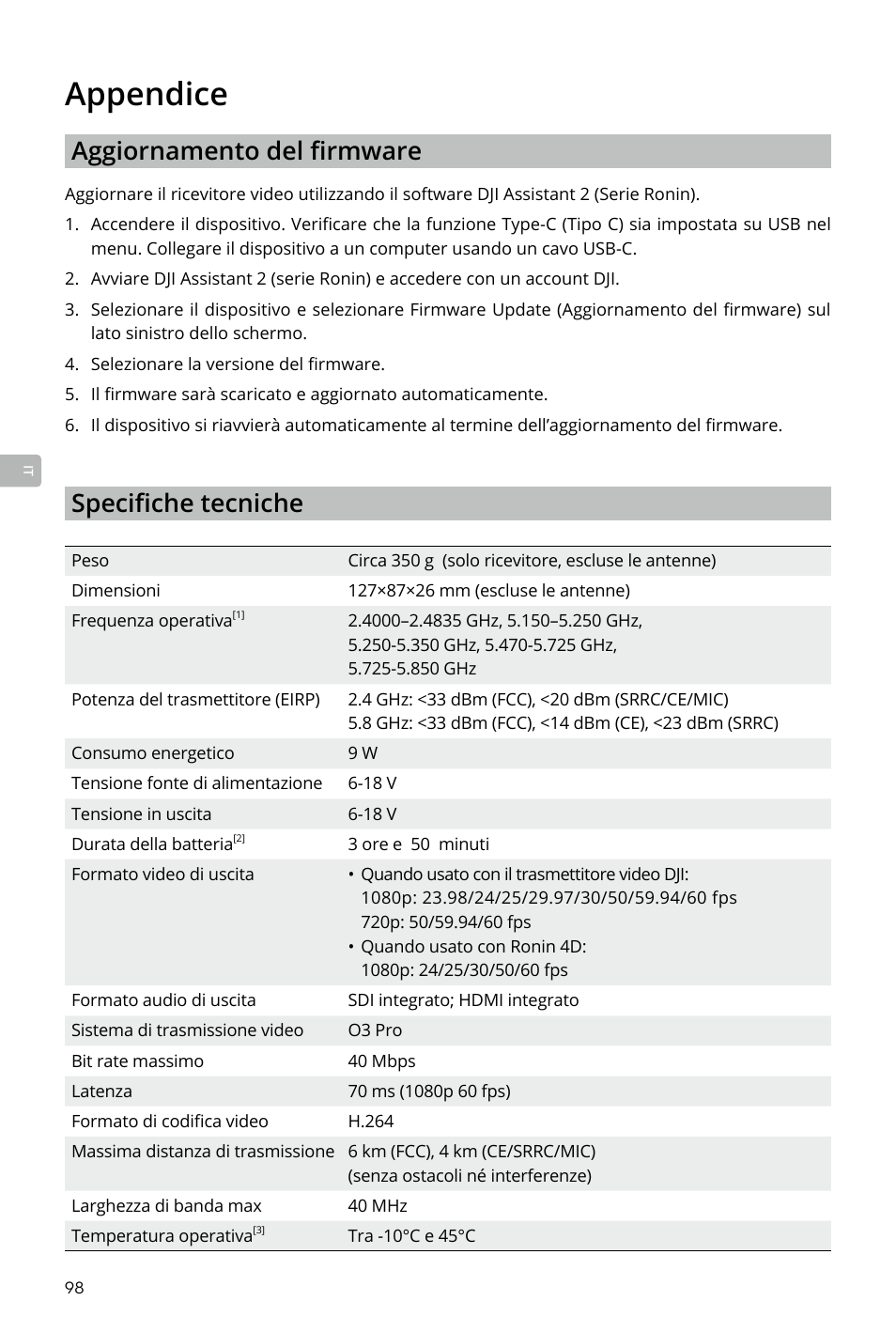 Appendice, Appendice 98, Aggiornamento del firmware | Specifiche tecniche | DJI Transmission Standard TX/RX Combo User Manual | Page 98 / 133