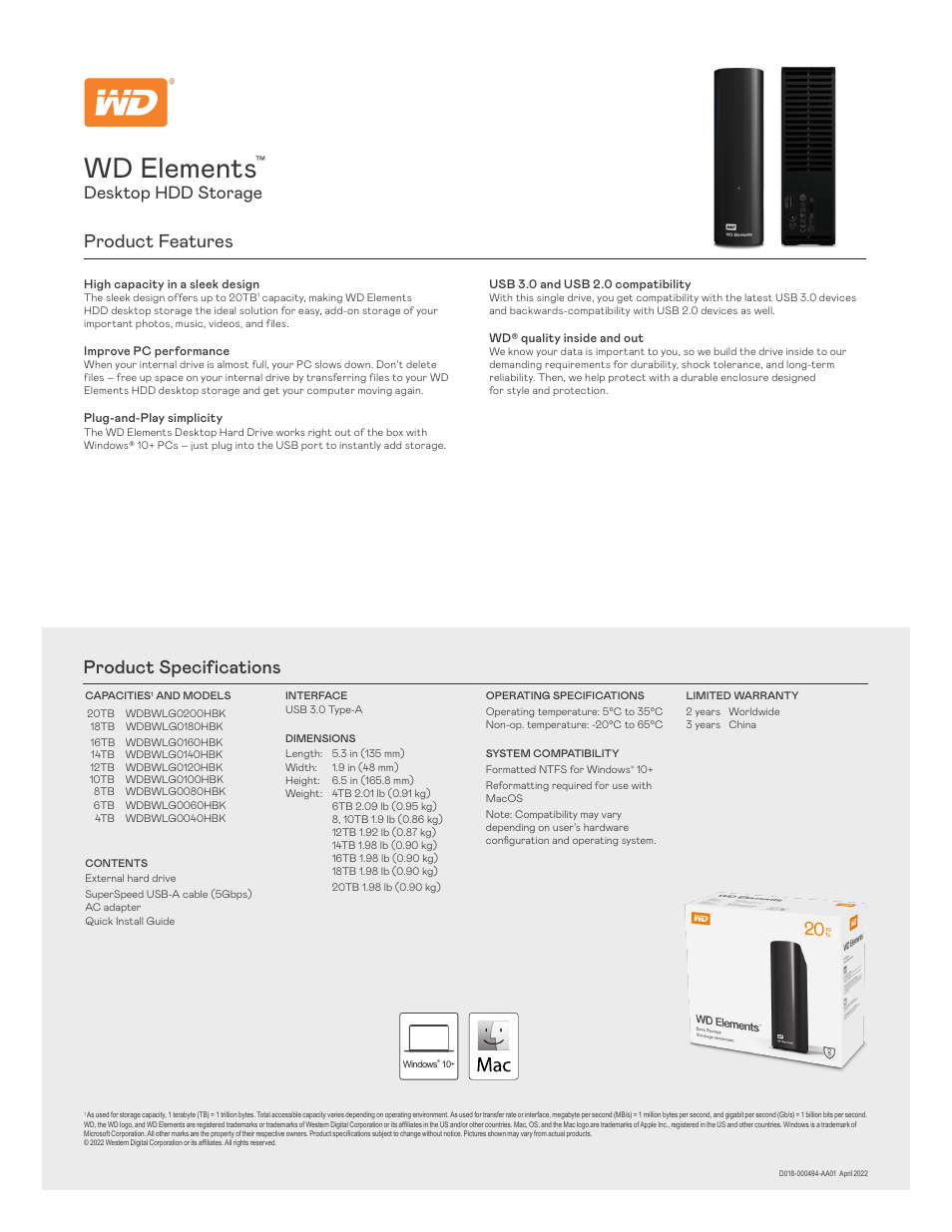 Wd elements, Product features, Product specifications | Desktop hdd storage | Western Digital WD 16TB Elements Desktop USB 3.0 External Hard Drive User Manual | Page 2 / 2