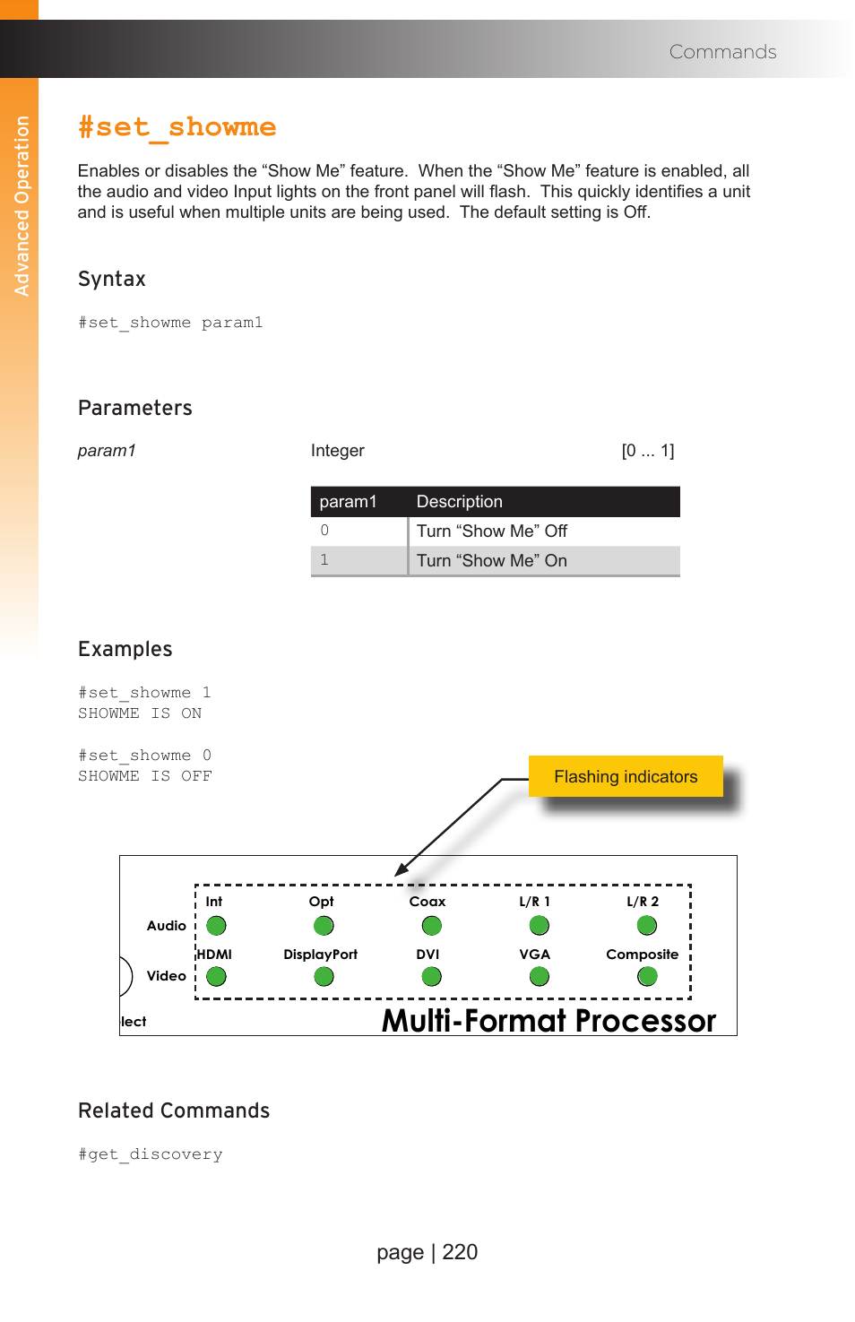 Set_showme, Multi-format processor, Page | 220 | Syntax, Parameters, Examples, Related commands | Gefen EXT-MFP Audio/Video Multi-Format Processor User Manual | Page 230 / 258