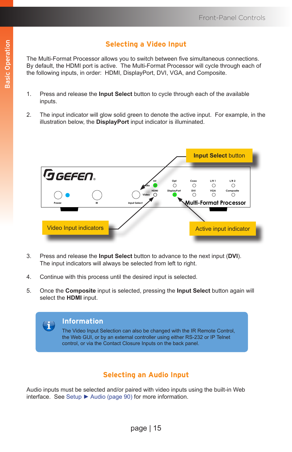 Selecting a video input, Selecting an audio input, Selecting a video input selecting an audio input | Page | 15 selecting a video input, Information | Gefen EXT-MFP Audio/Video Multi-Format Processor User Manual | Page 25 / 258