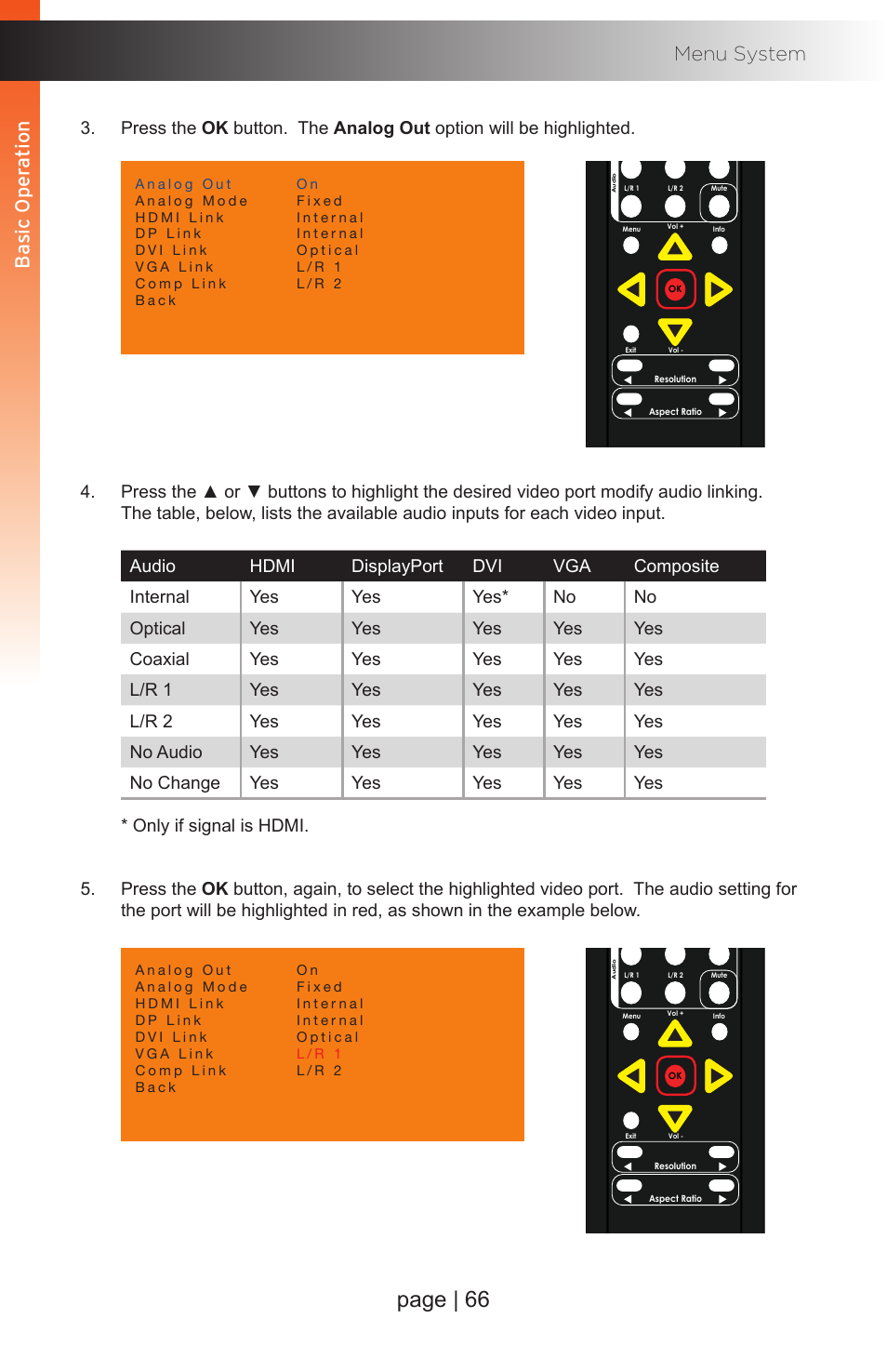 Page | 66, Basic oper ation menu system, Basic oper ation | Gefen EXT-MFP Audio/Video Multi-Format Processor User Manual | Page 76 / 258