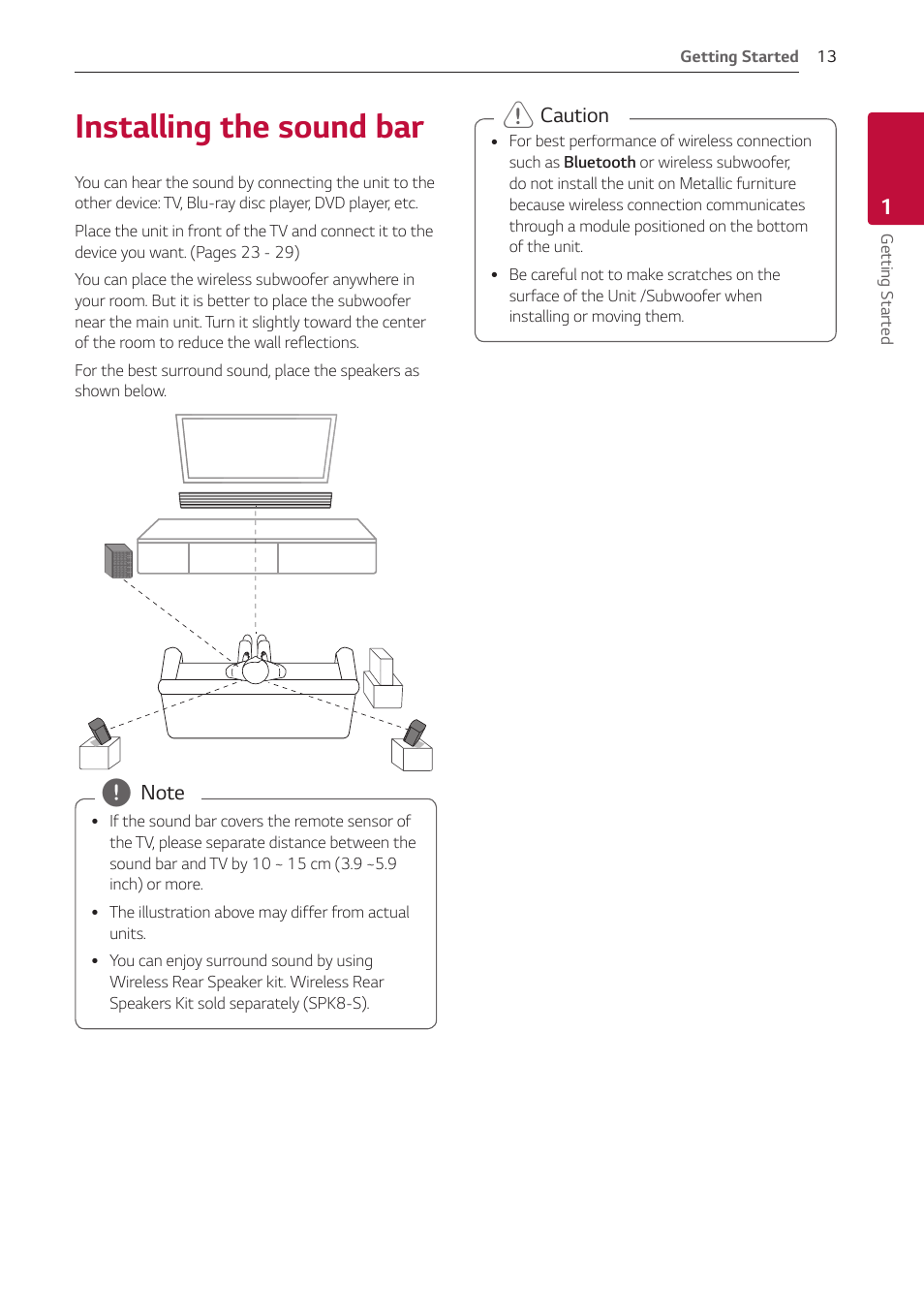 Installing the sound bar, 13 installing the sound bar | LG GX 420W 3.1-Channel Soundbar System User Manual | Page 13 / 47