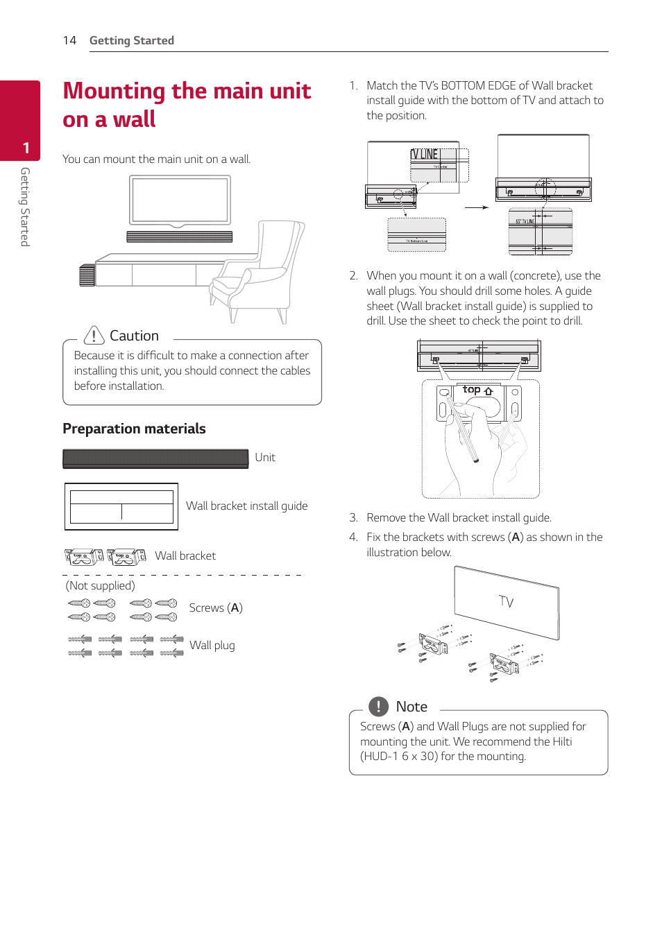 Mounting the main unit on a wall, 14 mounting the main unit on a wall | LG GX 420W 3.1-Channel Soundbar System User Manual | Page 14 / 47