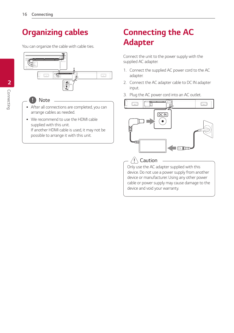 2 connecting, Organizing cables, Connecting the ac adapter | 16 organizing cables 16 connecting the ac adapter | LG GX 420W 3.1-Channel Soundbar System User Manual | Page 16 / 47