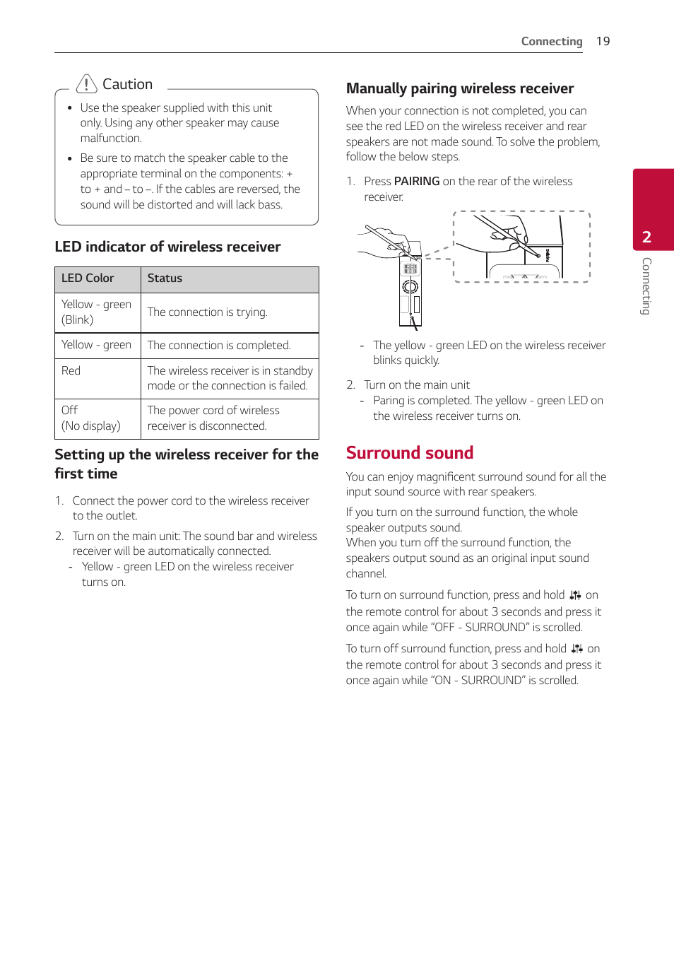 Surround sound, 19 – surround sound | LG GX 420W 3.1-Channel Soundbar System User Manual | Page 19 / 47