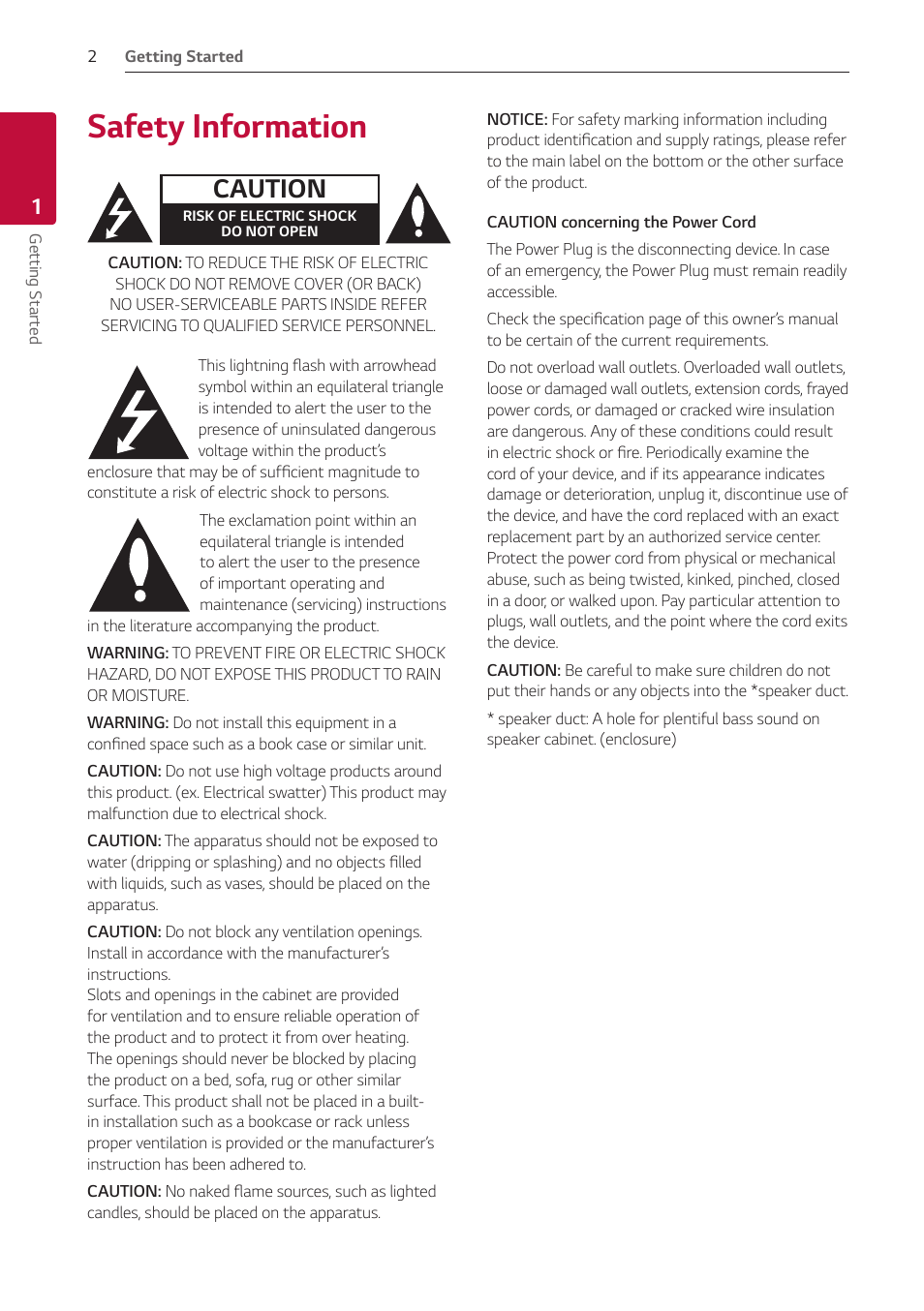 1 getting started, Safety information, Caution | LG GX 420W 3.1-Channel Soundbar System User Manual | Page 2 / 47