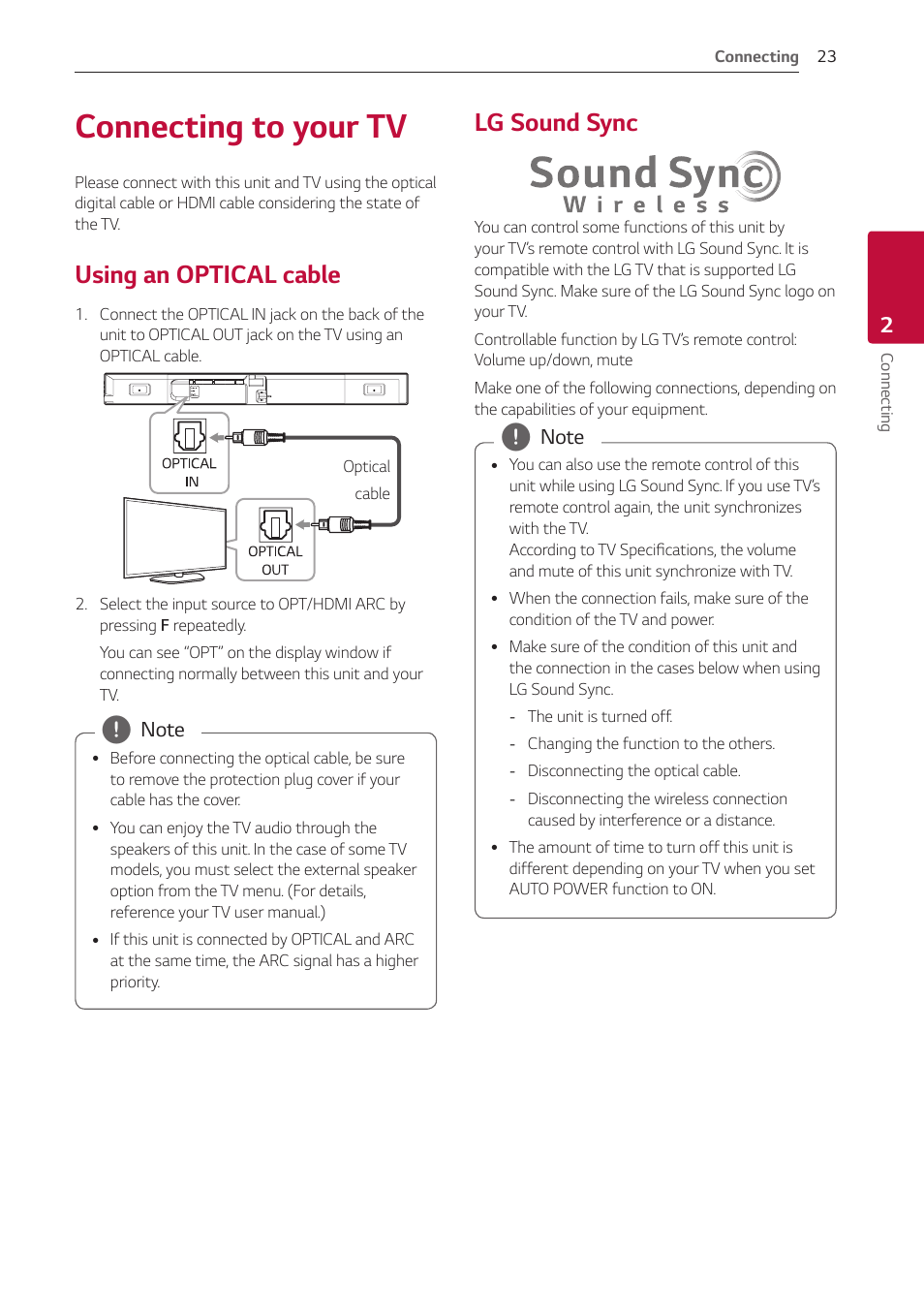 Connecting to your tv, Using an optical cable, Lg sound sync | LG GX 420W 3.1-Channel Soundbar System User Manual | Page 23 / 47