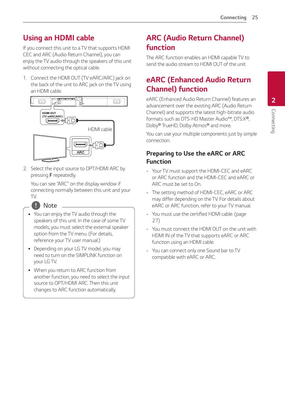 Using an hdmi cable, Arc (audio return channel) function, Earc (enhanced audio return channel) function | Function | LG GX 420W 3.1-Channel Soundbar System User Manual | Page 25 / 47