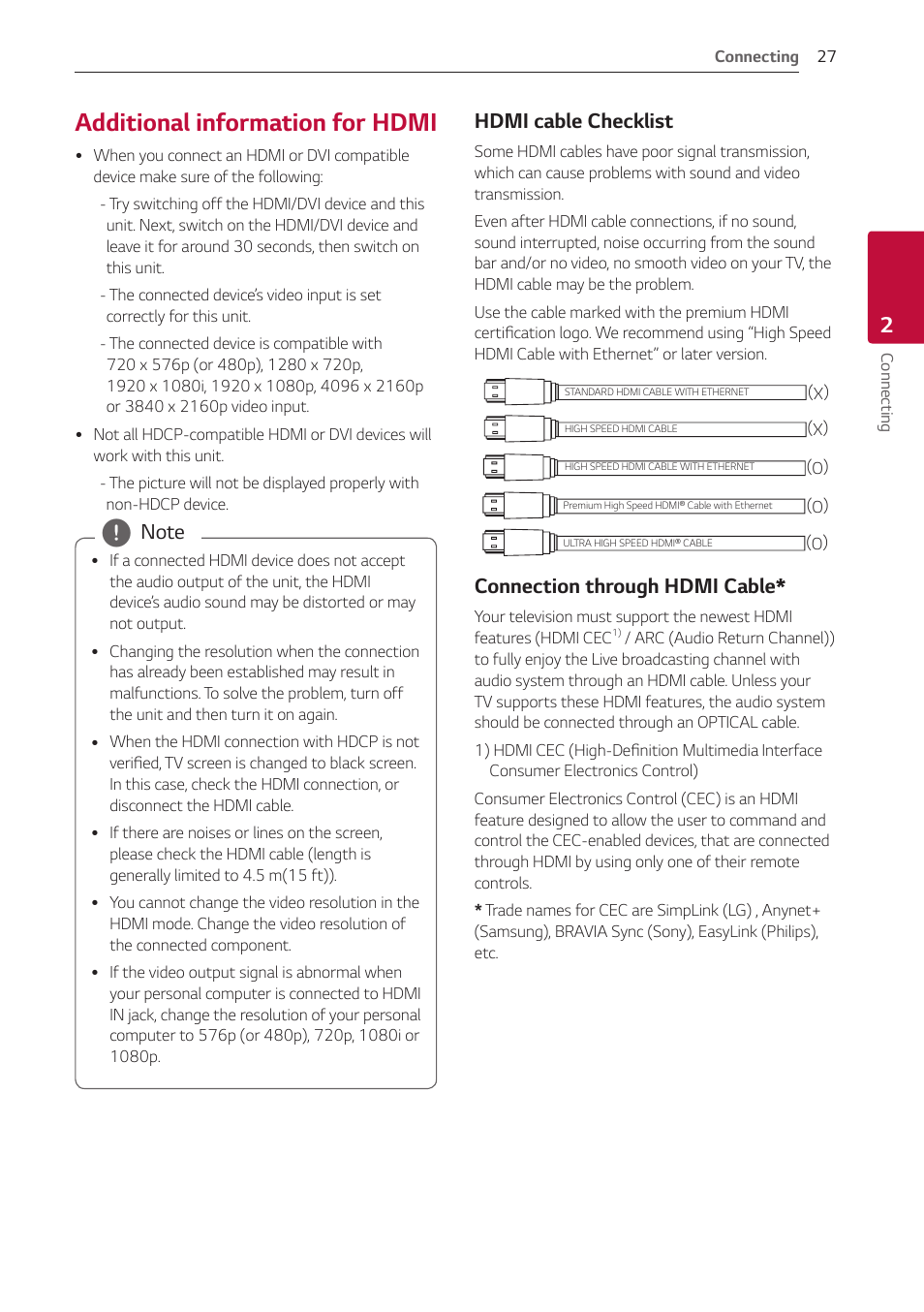Additional information for hdmi, 27 – additional information for hdmi, Connection through hdmi cable | LG GX 420W 3.1-Channel Soundbar System User Manual | Page 27 / 47