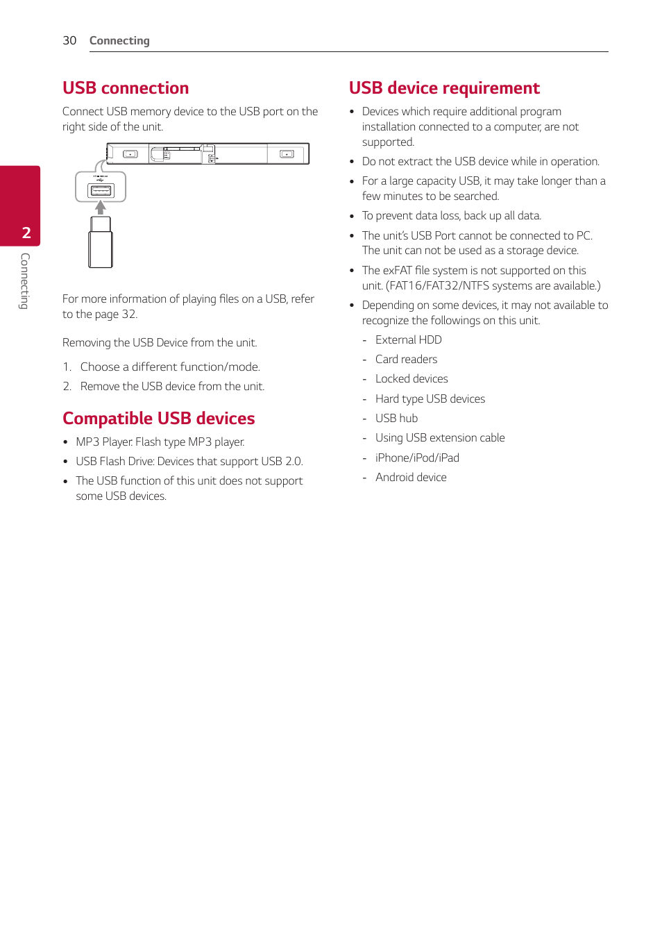 Usb connection, Compatible usb devices, Usb device requirement | LG GX 420W 3.1-Channel Soundbar System User Manual | Page 30 / 47