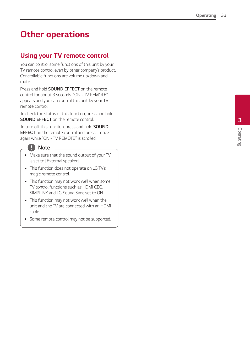Other operations, Using your tv remote control | LG GX 420W 3.1-Channel Soundbar System User Manual | Page 33 / 47