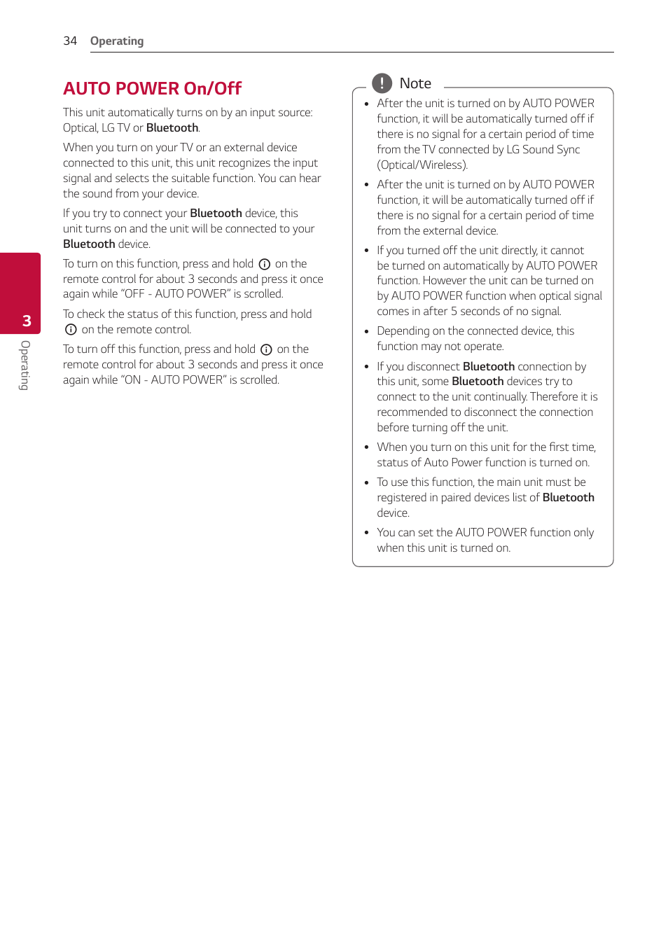 Auto power on/off, 34 – auto power on/off | LG GX 420W 3.1-Channel Soundbar System User Manual | Page 34 / 47