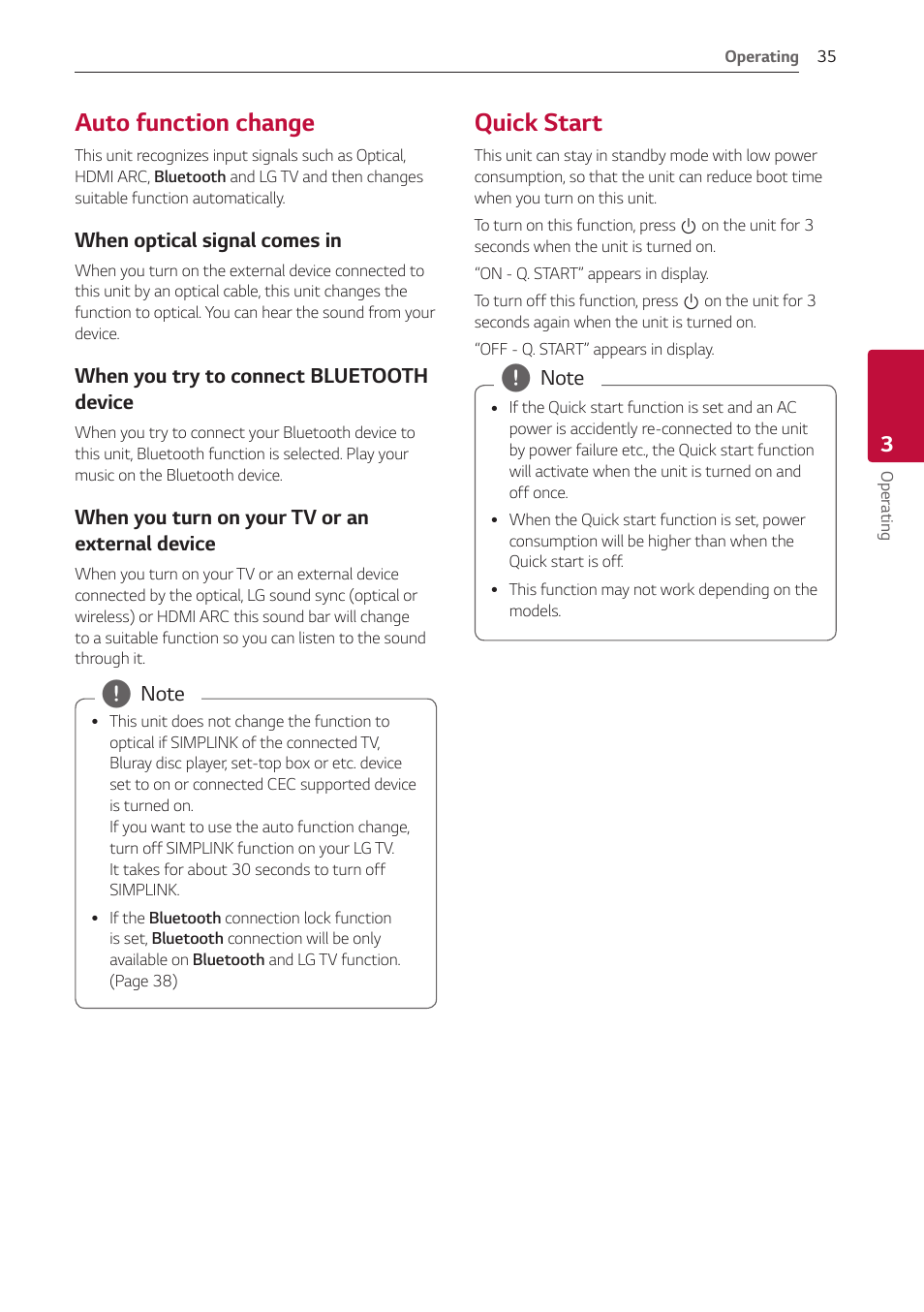 Bookmark 65, Auto function change, Quick start | 35 – auto function change 35 – quick start | LG GX 420W 3.1-Channel Soundbar System User Manual | Page 35 / 47