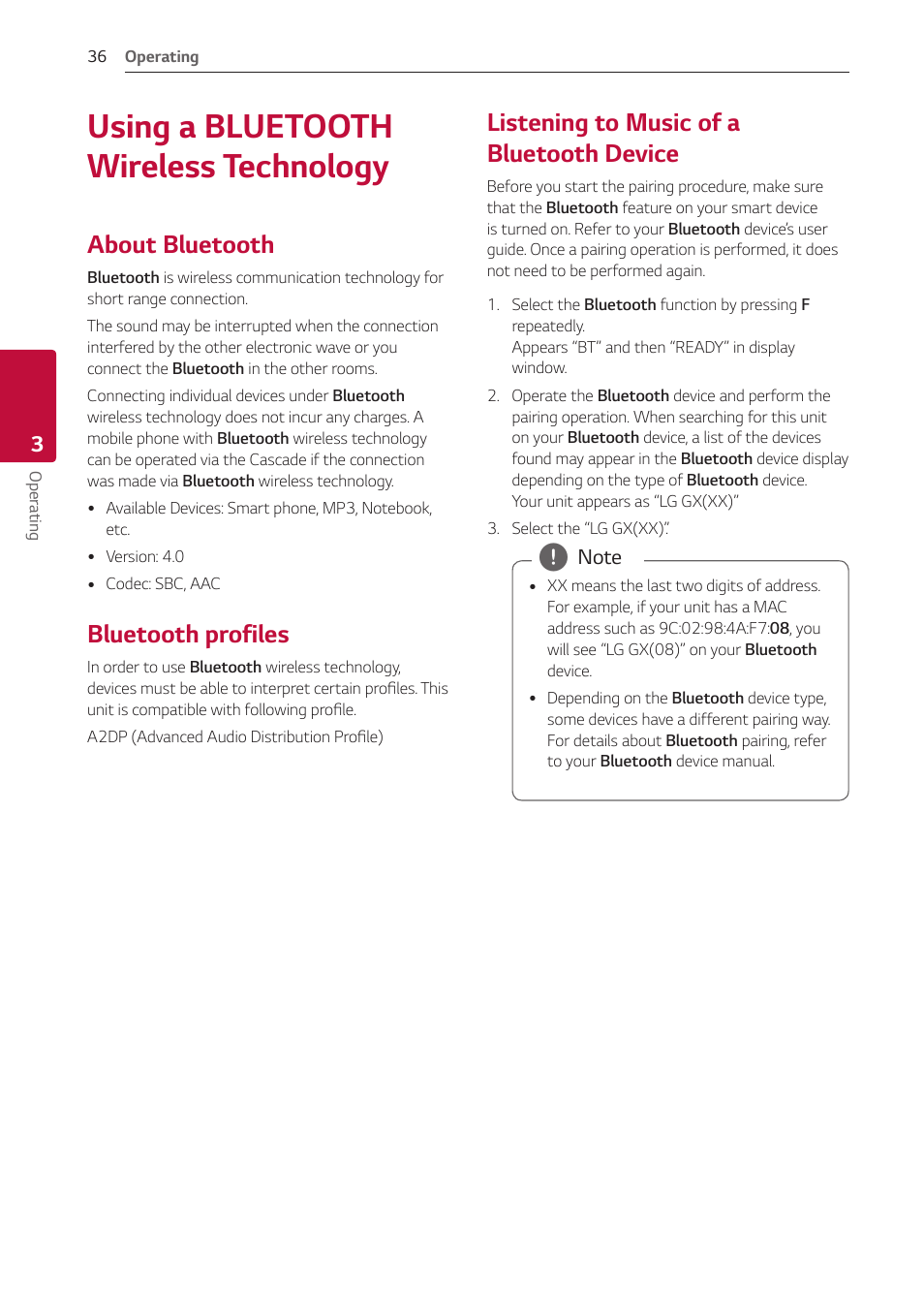 Using a bluetooth wireless technology, About bluetooth, Bluetooth profiles | Listening to music of a bluetooth device | LG GX 420W 3.1-Channel Soundbar System User Manual | Page 36 / 47
