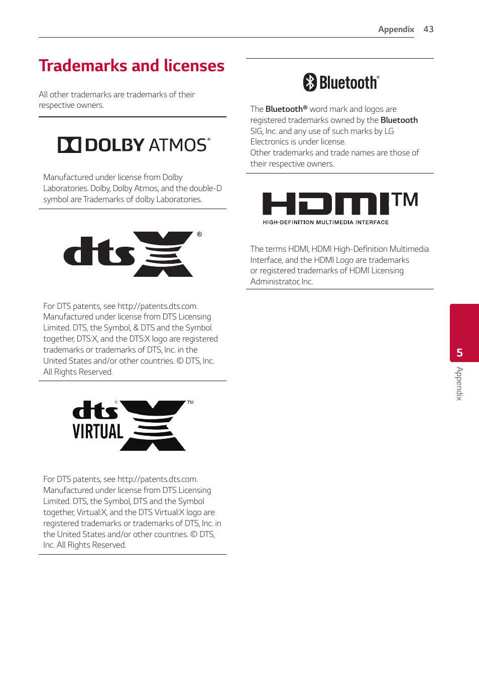 5 appendix, Trademarks and licenses, 43 trademarks and licenses | LG GX 420W 3.1-Channel Soundbar System User Manual | Page 43 / 47