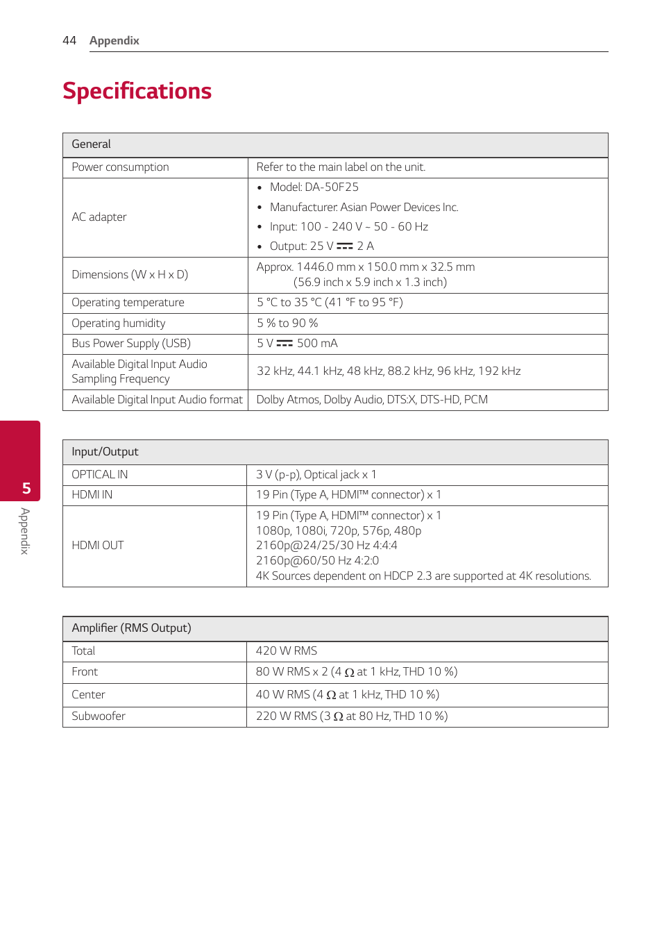Specifications, 44 specifications | LG GX 420W 3.1-Channel Soundbar System User Manual | Page 44 / 47