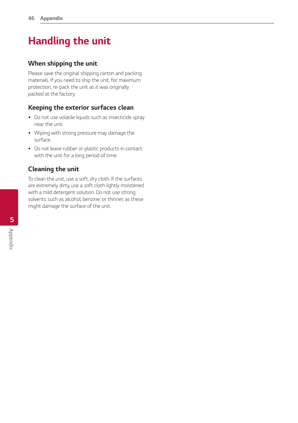 Handling the unit, 46 handling the unit | LG GX 420W 3.1-Channel Soundbar System User Manual | Page 46 / 47