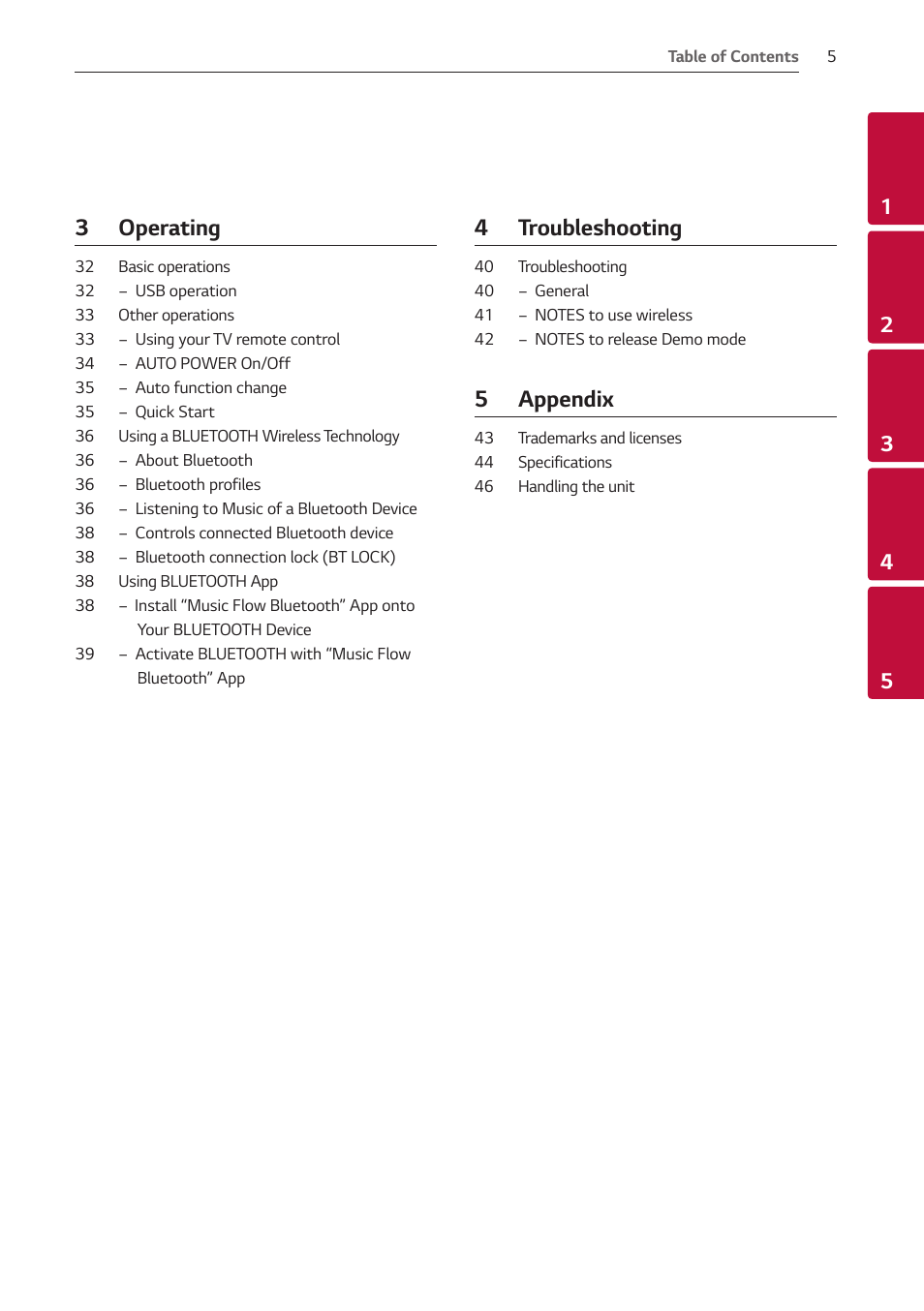 3 operating, 4 troubleshooting, 5 appendix | LG GX 420W 3.1-Channel Soundbar System User Manual | Page 5 / 47