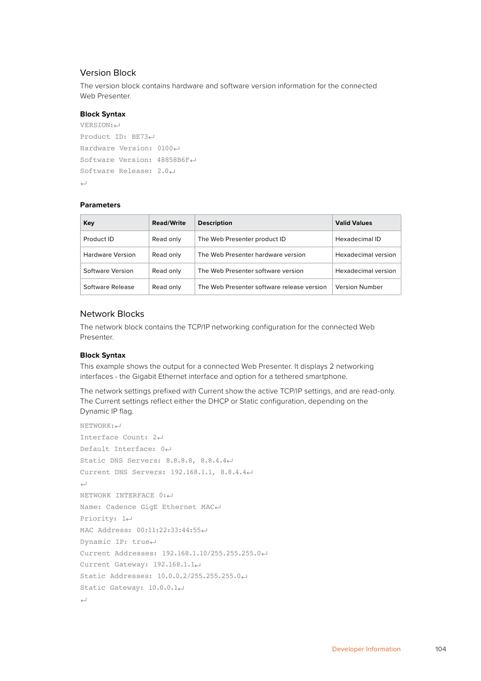 Version block, Network blocks | Blackmagic Design Web Presenter 4K User Manual | Page 104 / 419