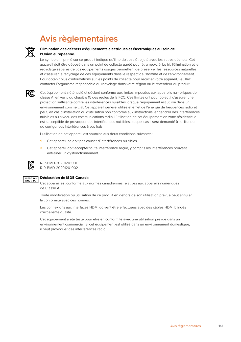 Avis règlementaires | Blackmagic Design Web Presenter 4K User Manual | Page 113 / 419