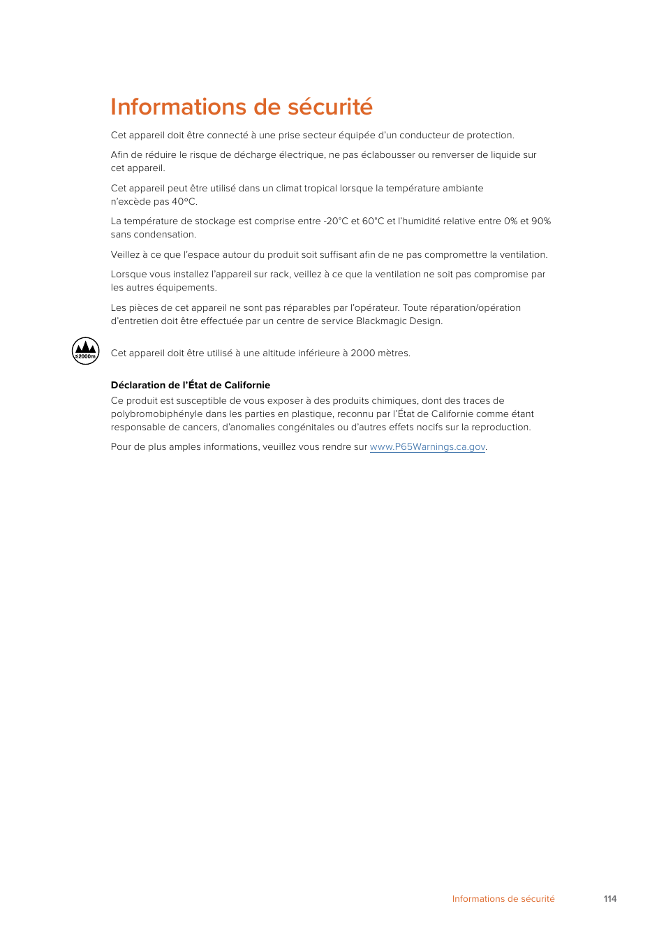 Informations de sécurité | Blackmagic Design Web Presenter 4K User Manual | Page 114 / 419