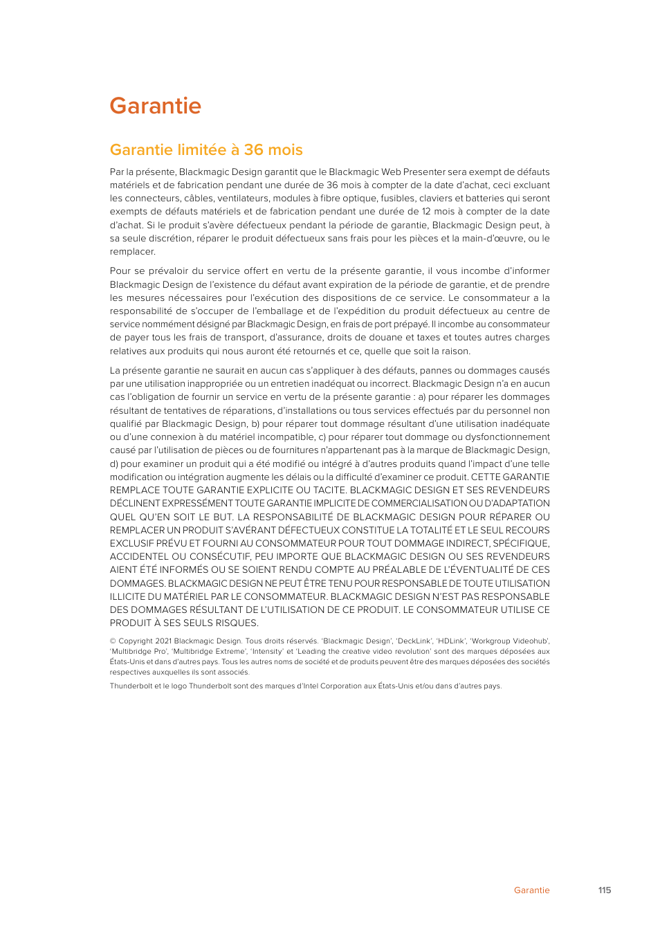 Garantie, Garantie limitée à 36 mois | Blackmagic Design Web Presenter 4K User Manual | Page 115 / 419