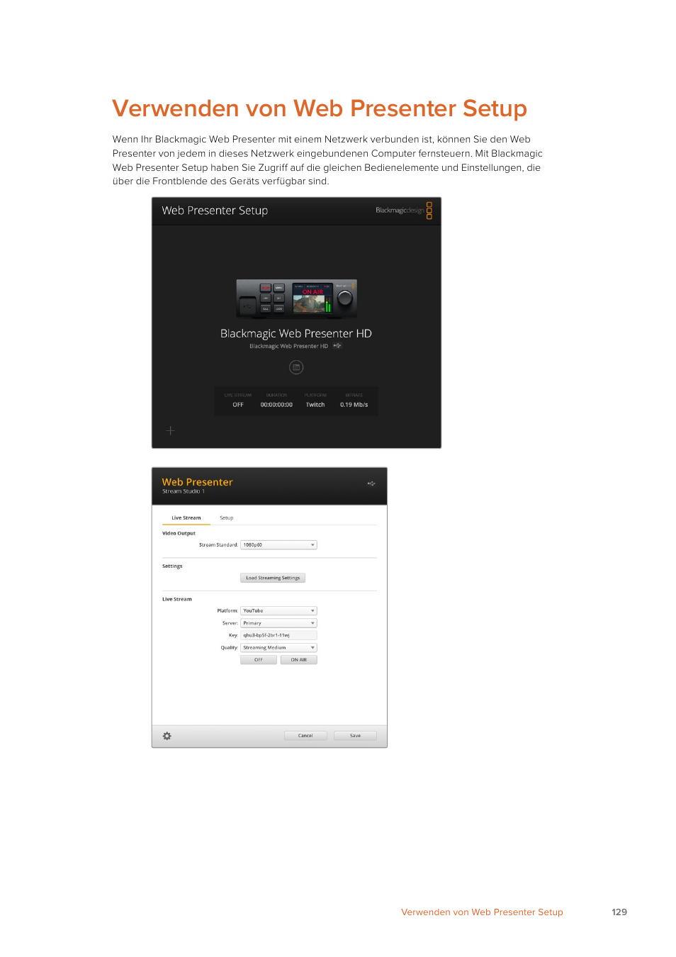 Verwenden von web presenter setup | Blackmagic Design Web Presenter 4K User Manual | Page 129 / 419