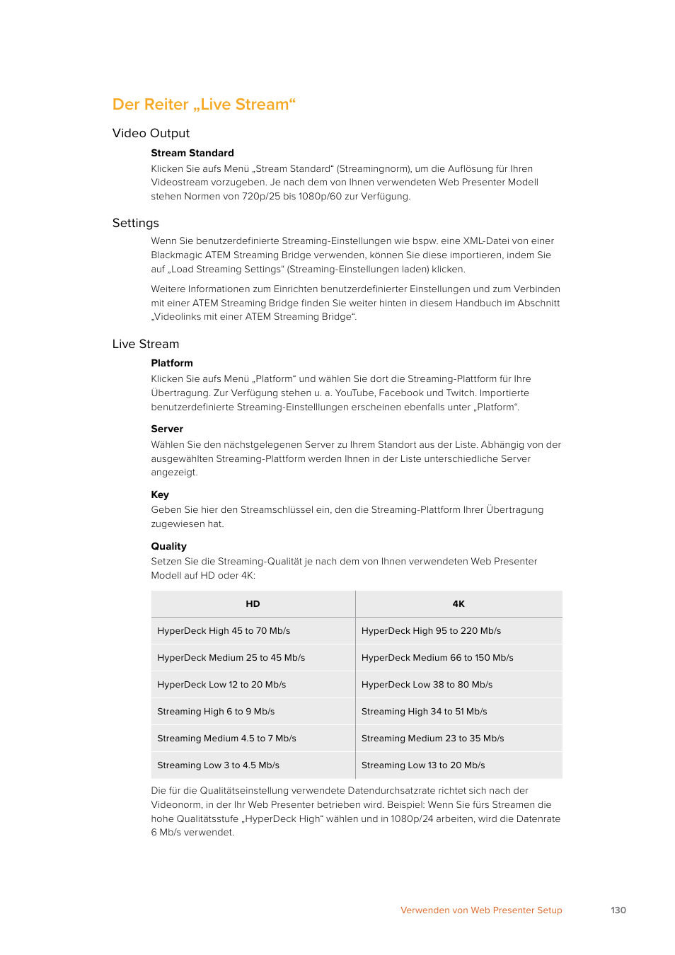 Der reiter „live stream, Video output, Settings | Live stream | Blackmagic Design Web Presenter 4K User Manual | Page 130 / 419