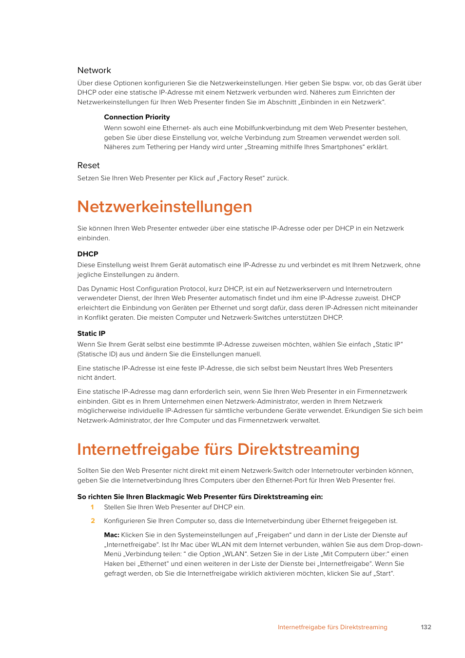 Netzwerkeinstellungen, Internetfreigabe fürs direktstreaming | Blackmagic Design Web Presenter 4K User Manual | Page 132 / 419