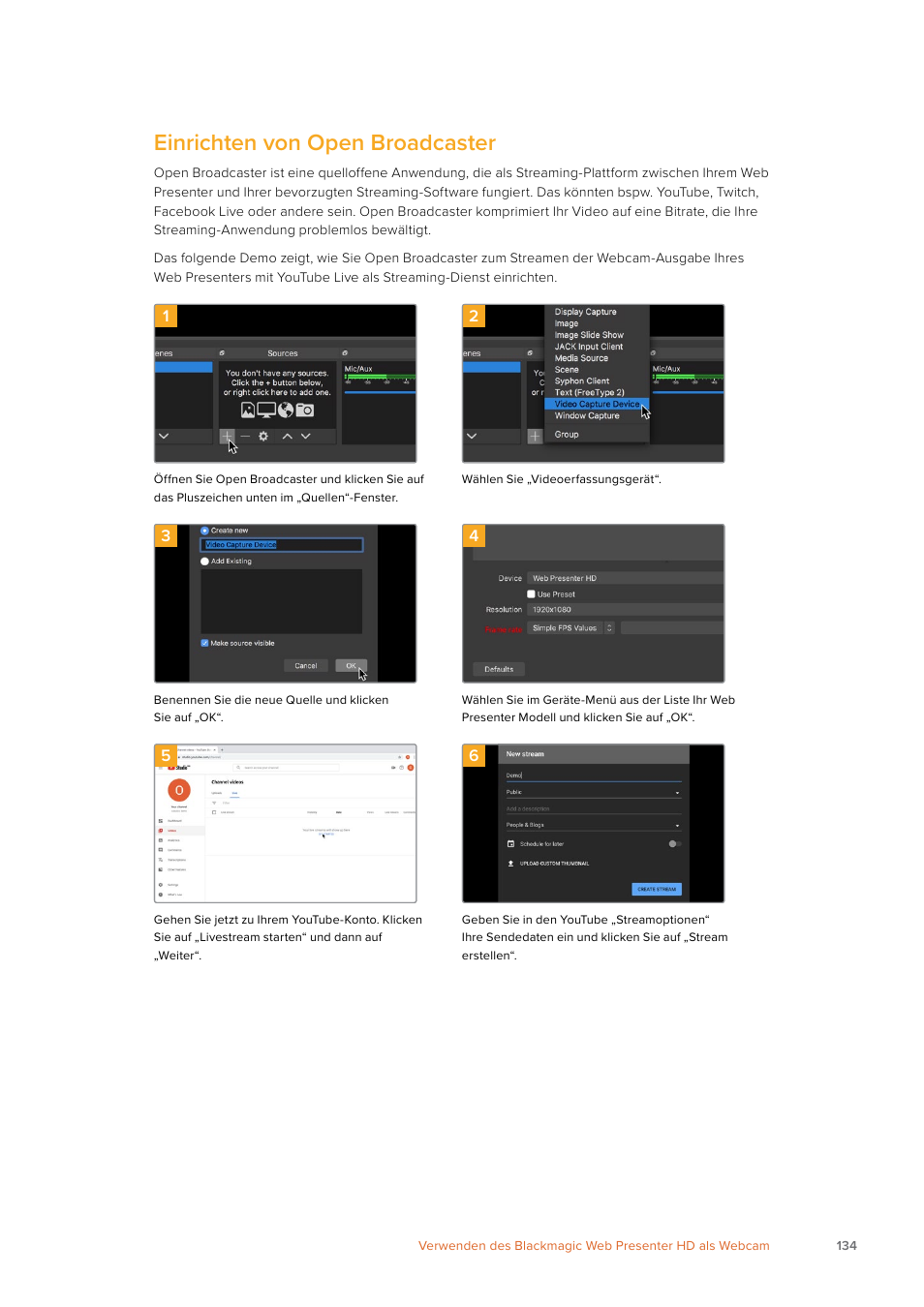 Einrichten von open broadcaster | Blackmagic Design Web Presenter 4K User Manual | Page 134 / 419