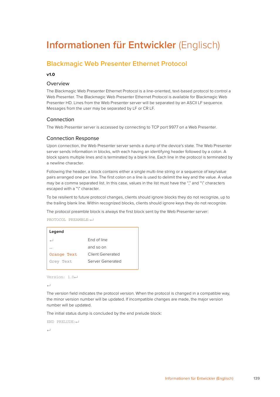 Informationen für entwickler (englisch), Blackmagic web presenter ethernet protocol, Informationen für entwickler | Englisch) | Blackmagic Design Web Presenter 4K User Manual | Page 139 / 419