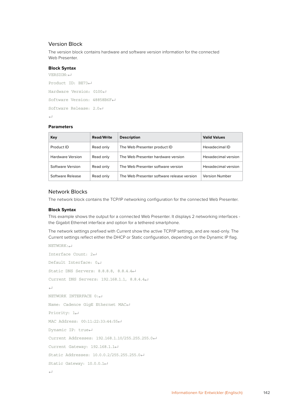 Version block, Network blocks | Blackmagic Design Web Presenter 4K User Manual | Page 142 / 419