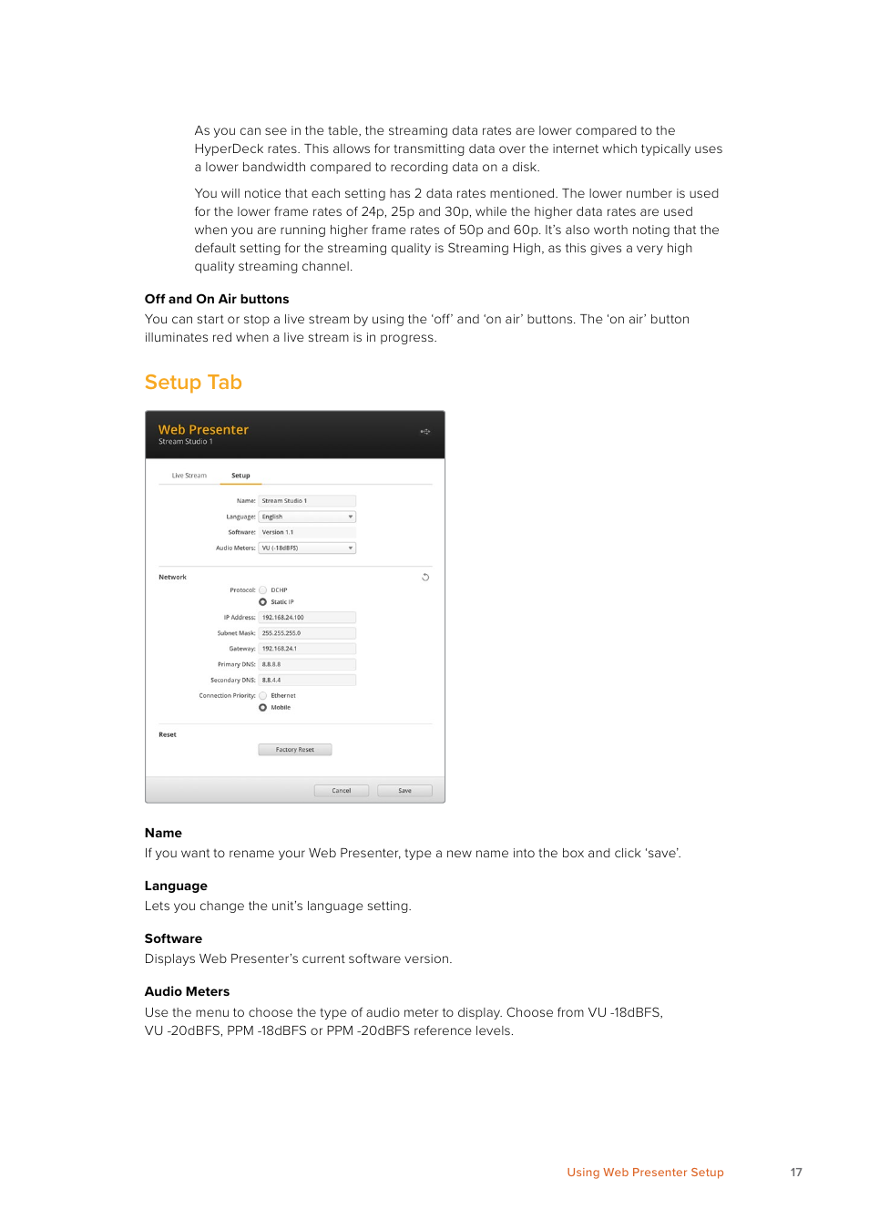 Setup tab | Blackmagic Design Web Presenter 4K User Manual | Page 17 / 419