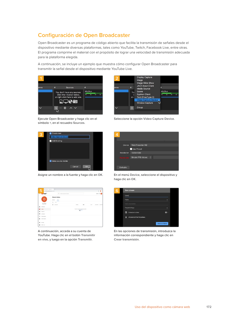 Configuración de open broadcaster | Blackmagic Design Web Presenter 4K User Manual | Page 172 / 419