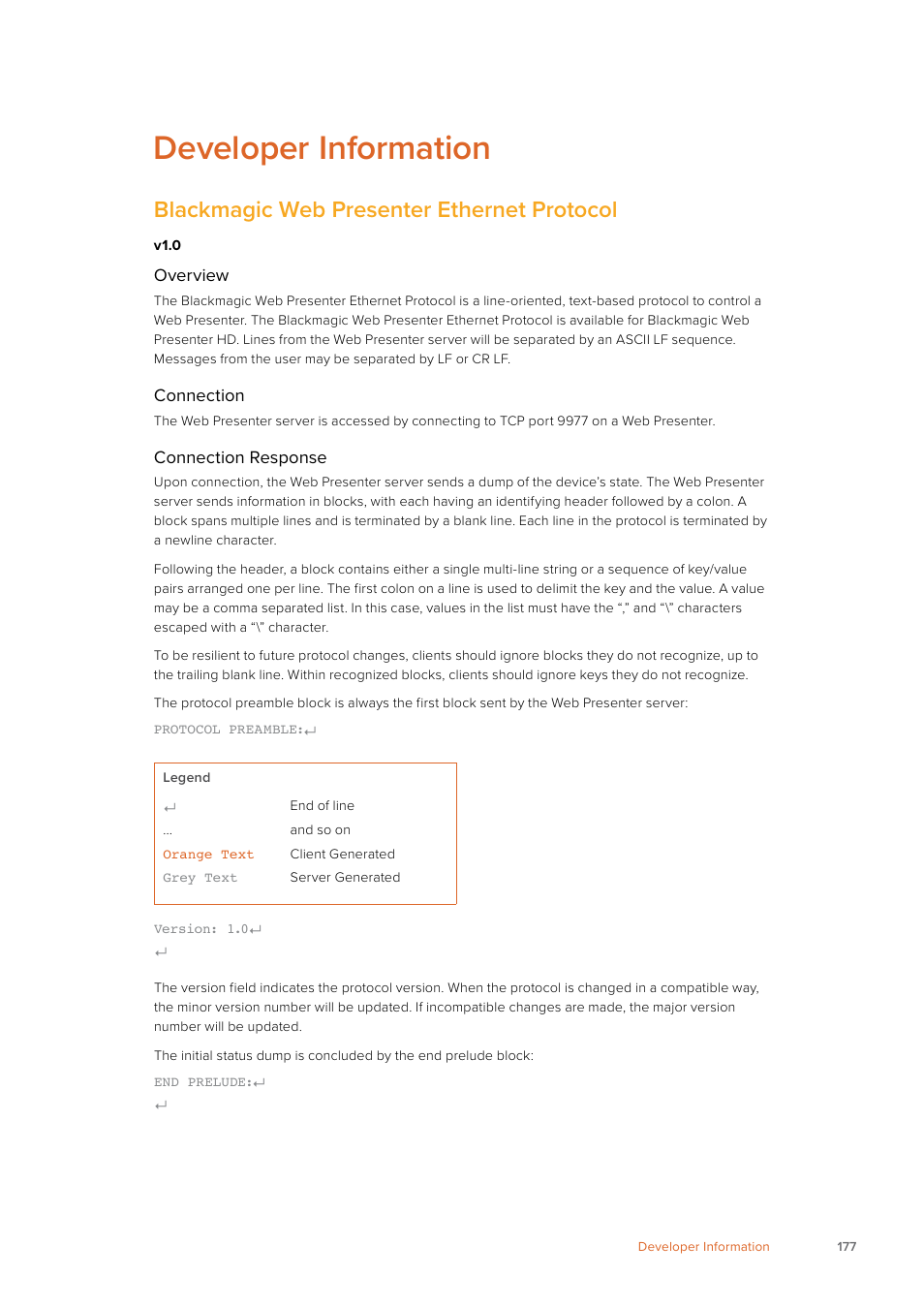 Developer information, Blackmagic web presenter ethernet protocol | Blackmagic Design Web Presenter 4K User Manual | Page 177 / 419