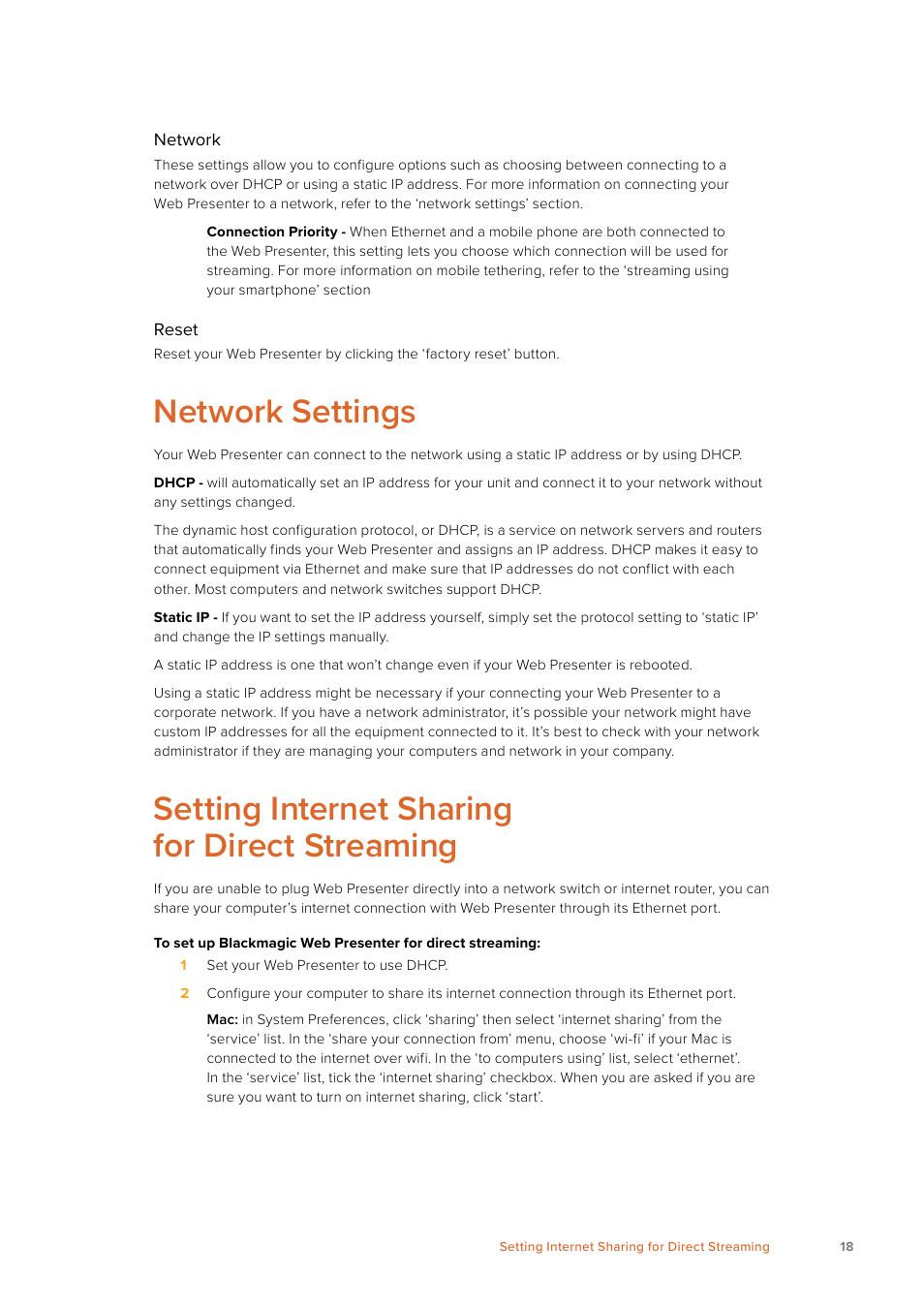 Network settings, Setting internet sharing for direct streaming | Blackmagic Design Web Presenter 4K User Manual | Page 18 / 419