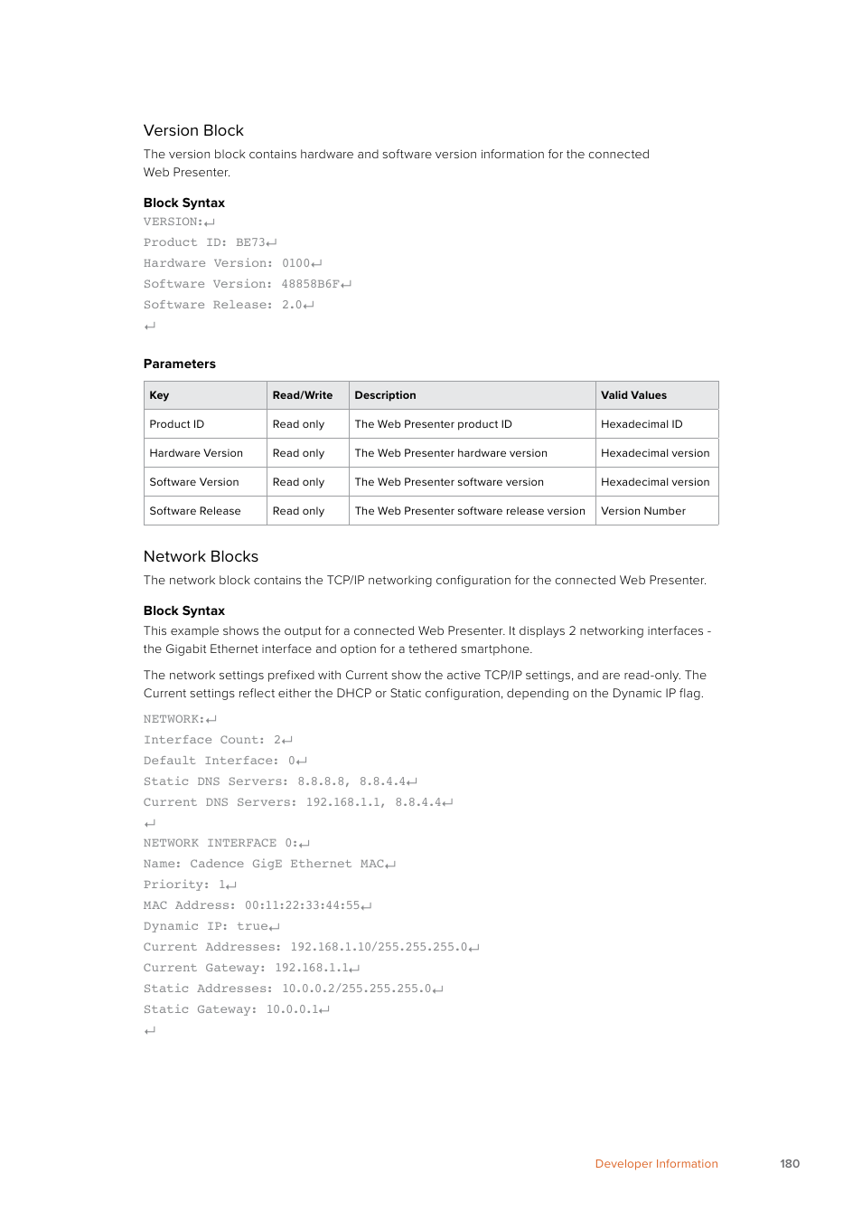 Version block, Network blocks | Blackmagic Design Web Presenter 4K User Manual | Page 180 / 419