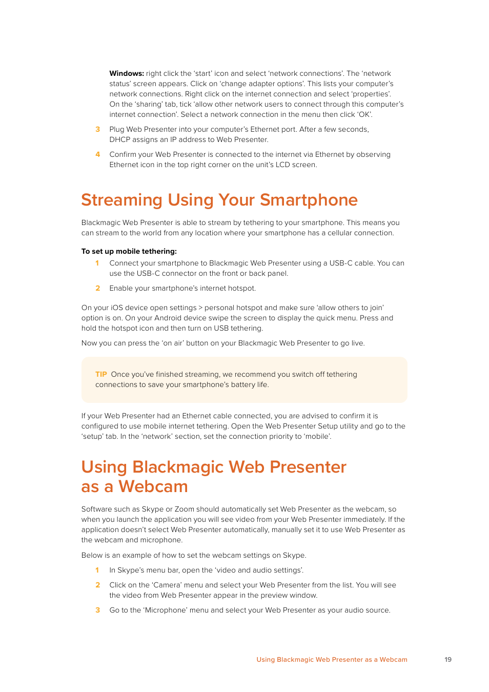 Streaming using your smartphone, Using blackmagic web presenter as a webcam | Blackmagic Design Web Presenter 4K User Manual | Page 19 / 419