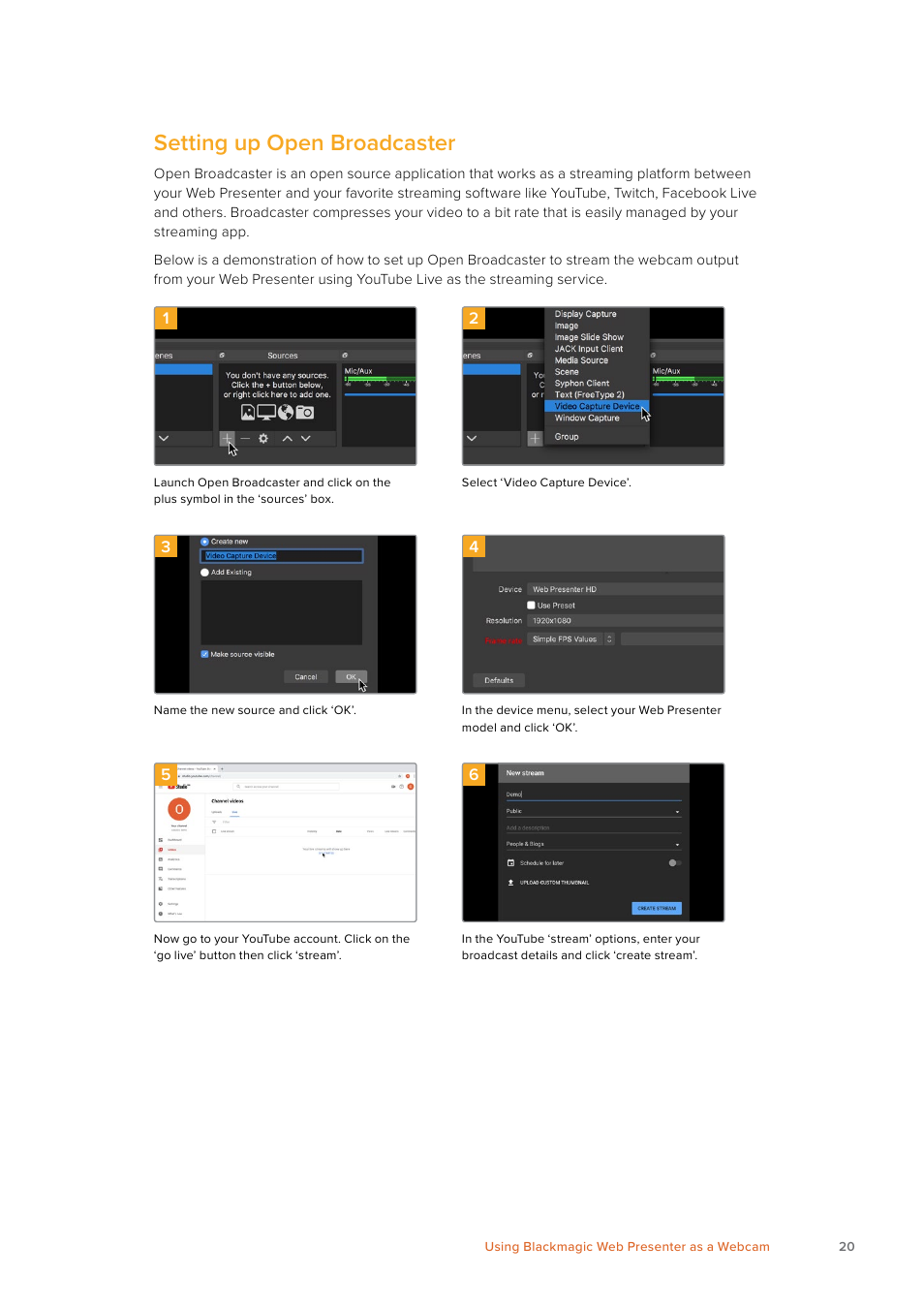 Setting up open broadcaster | Blackmagic Design Web Presenter 4K User Manual | Page 20 / 419