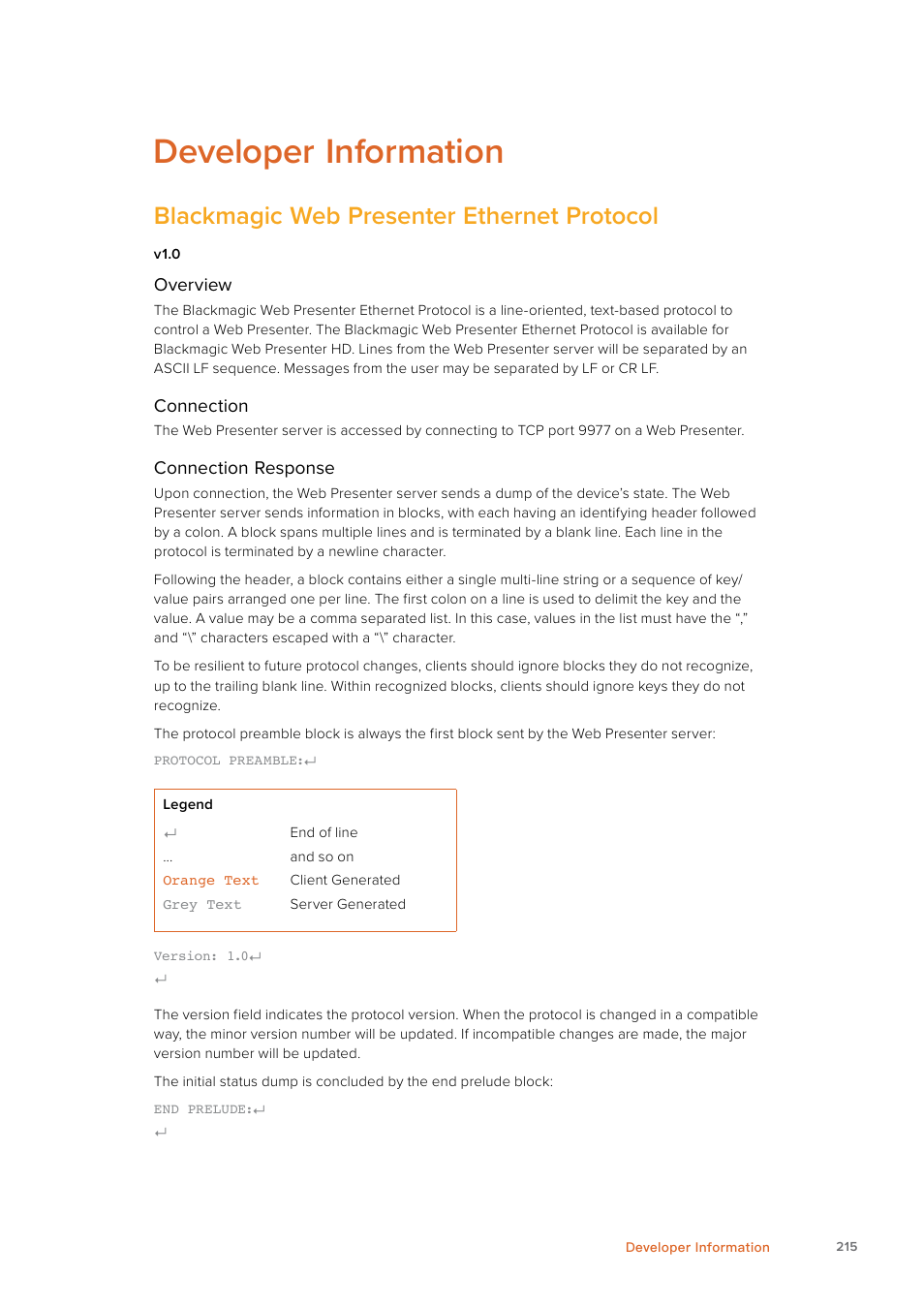 Developer information, Blackmagic web presenter ethernet protocol, Developer | Information, Blackmagic, Presenter, Ethernet, Protocol | Blackmagic Design Web Presenter 4K User Manual | Page 215 / 419