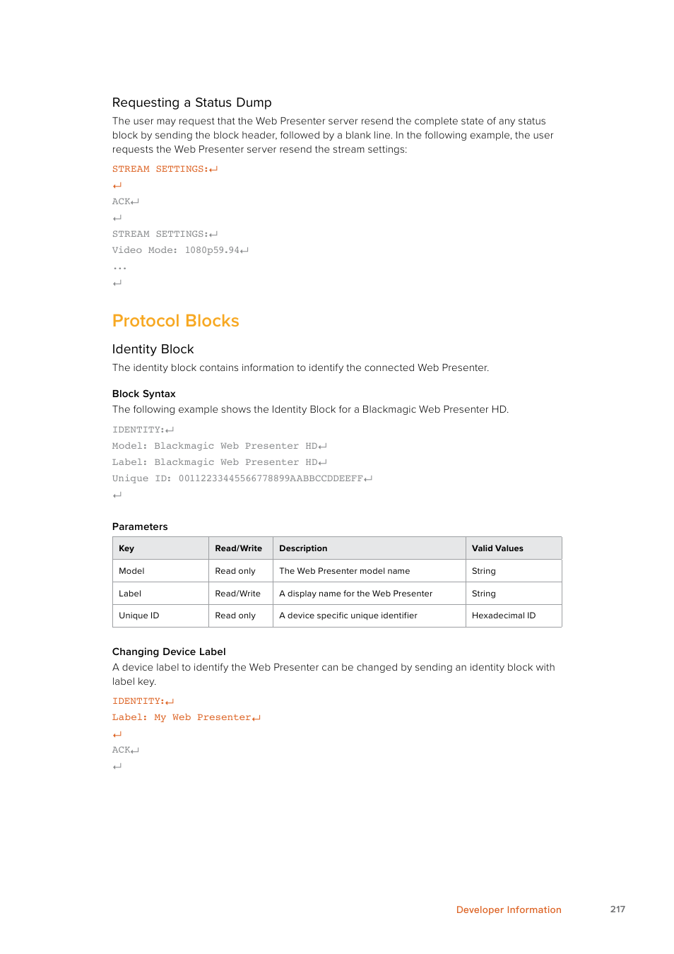 Protocol blocks, Protocol, Blocks | Requesting, Status, Dump, Identity, Block | Blackmagic Design Web Presenter 4K User Manual | Page 217 / 419