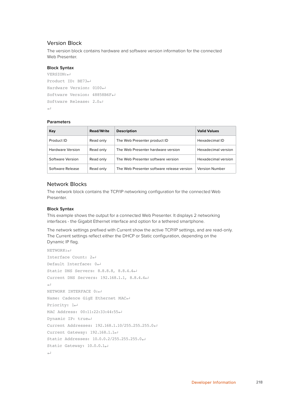 Version, Block, Network | Blocks | Blackmagic Design Web Presenter 4K User Manual | Page 218 / 419