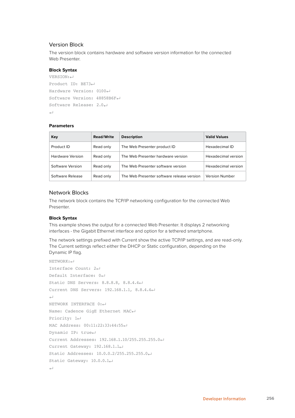 Version block, Network blocks | Blackmagic Design Web Presenter 4K User Manual | Page 256 / 419