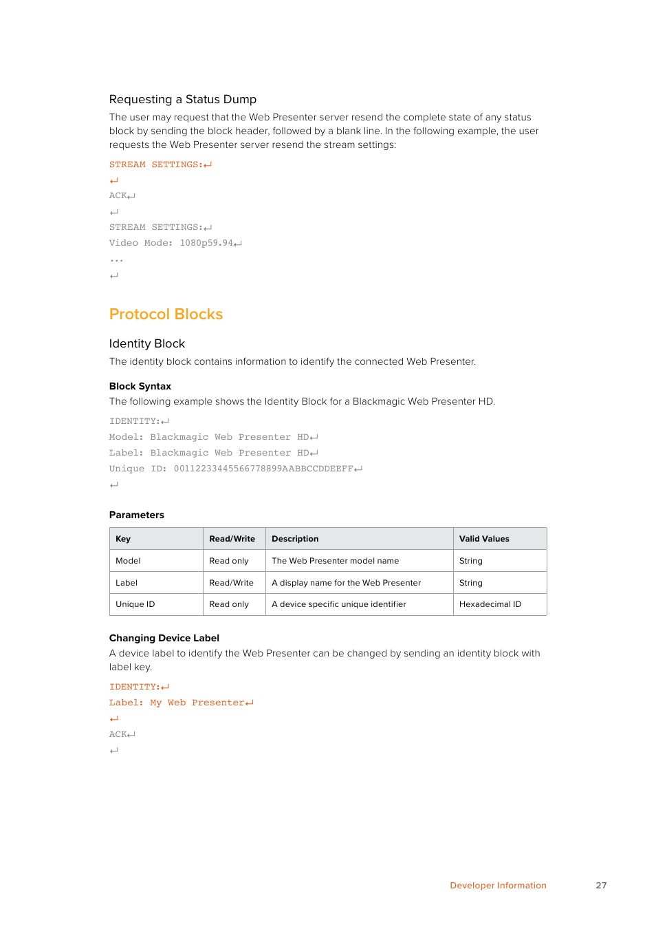 Protocol blocks, Requesting a status dump, Identity block | Blackmagic Design Web Presenter 4K User Manual | Page 27 / 419