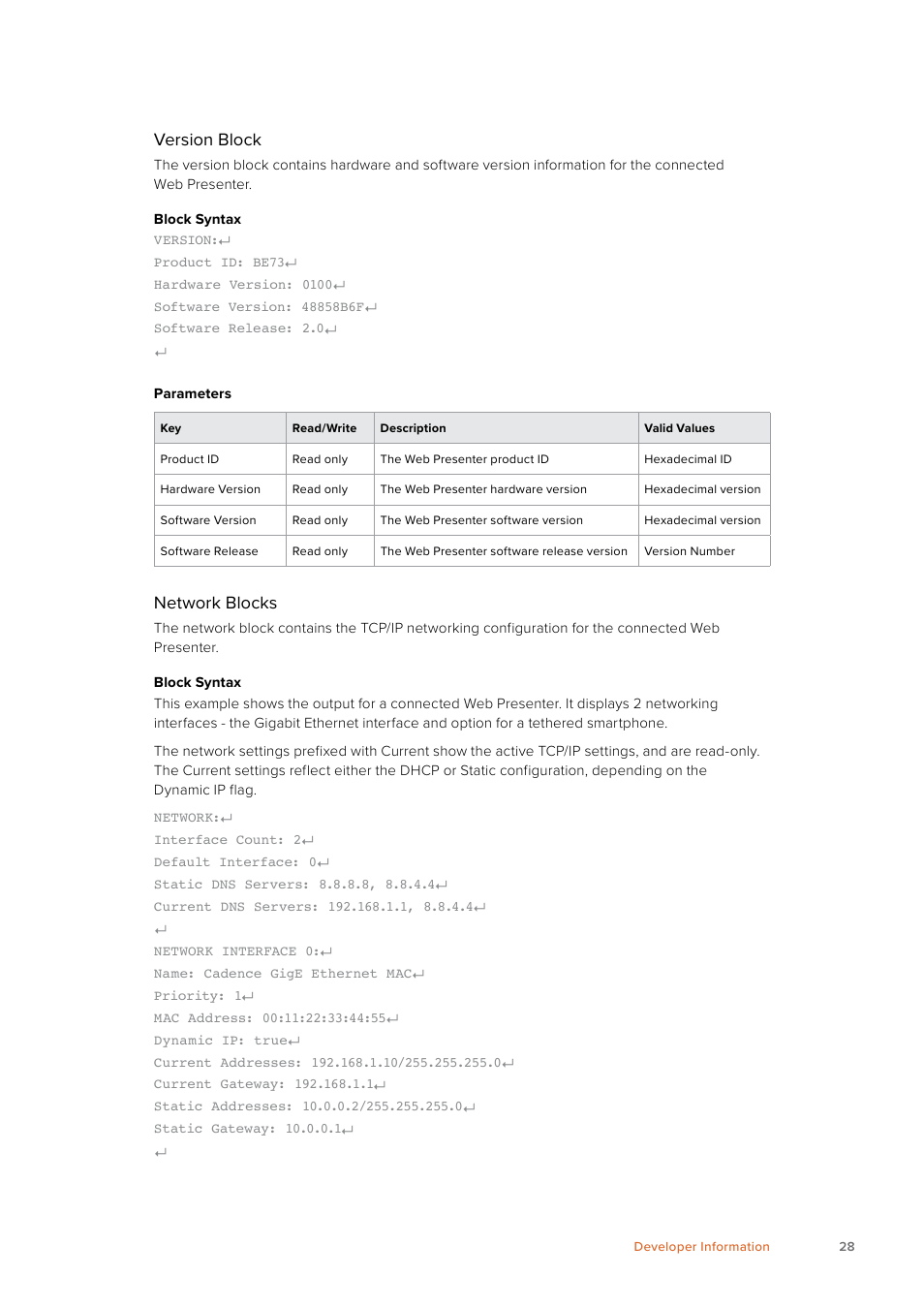 Version block, Network blocks | Blackmagic Design Web Presenter 4K User Manual | Page 28 / 419