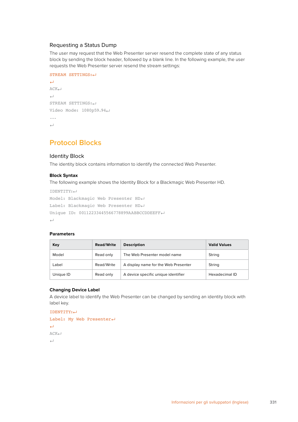 Protocol blocks, Requesting a status dump, Identity block | Blackmagic Design Web Presenter 4K User Manual | Page 331 / 419